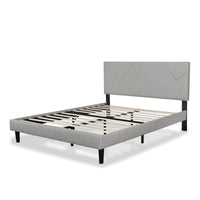 Full Size Linen Light Beige Sqaure Upholstered Platform Bed With Slat Support.