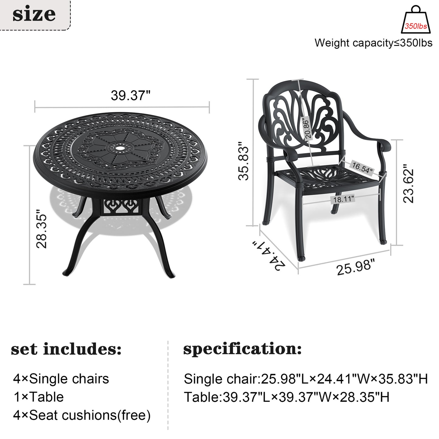 5-Piece Set Of Cast Aluminum Patio Furniture  With Black Frame and  Seat Cushions In Random Colors