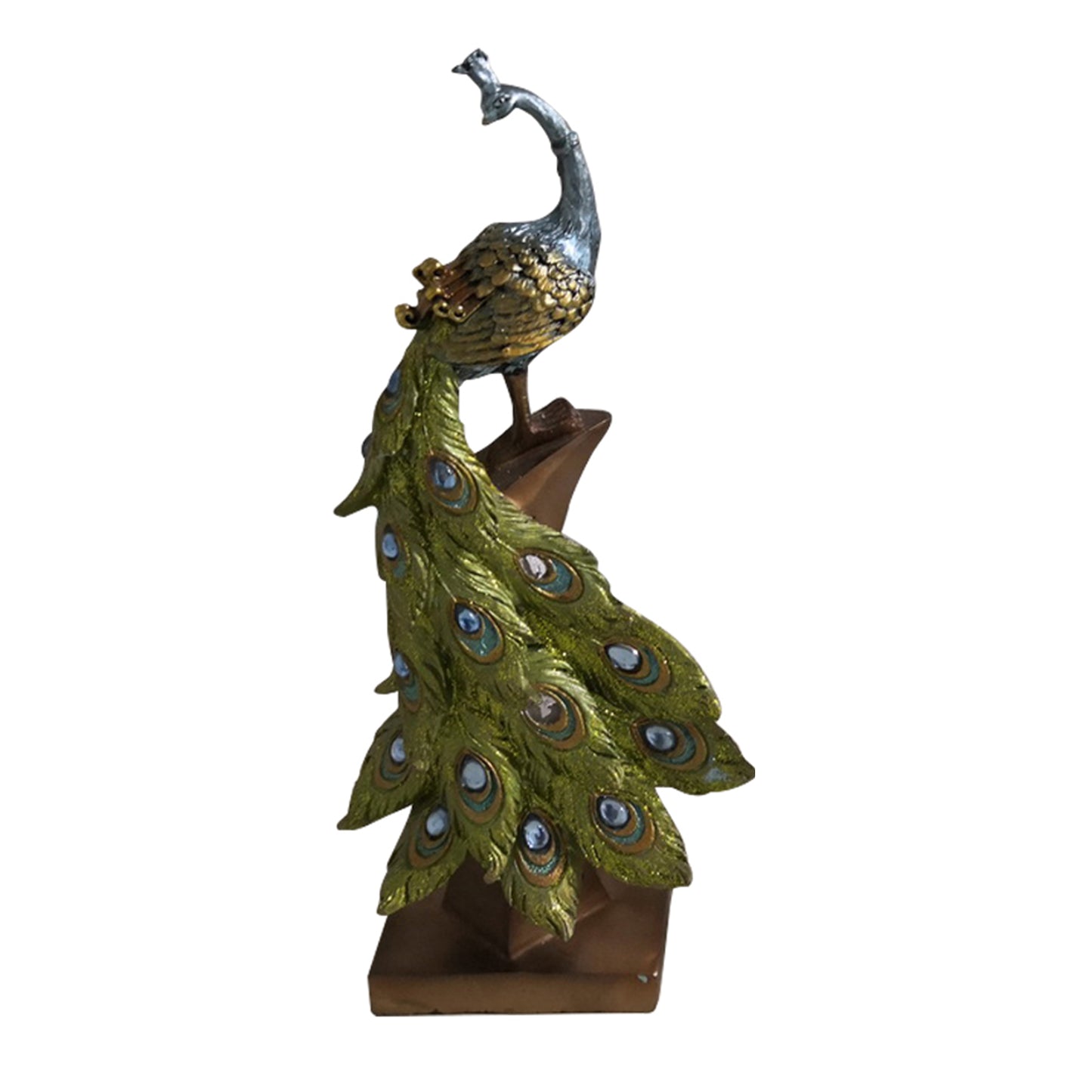 Polystone Decorative Peacock Figurine with Block Stand, Green and Gold