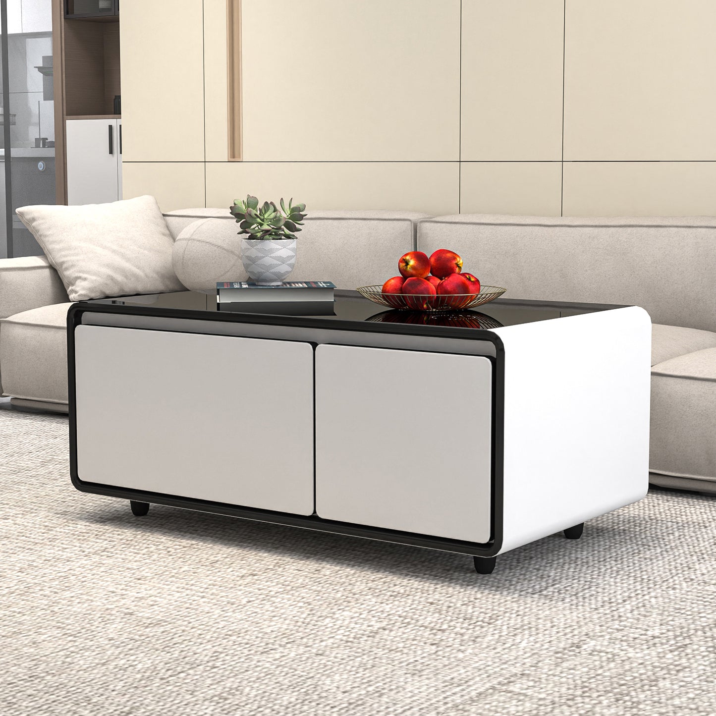 Modern Smart Coffee Table with Built in Fridge, Outlet Protection,Wireless Charging, Mechanical Temperature Control, Power Socket, USB Interface and Ice Water Interface, White