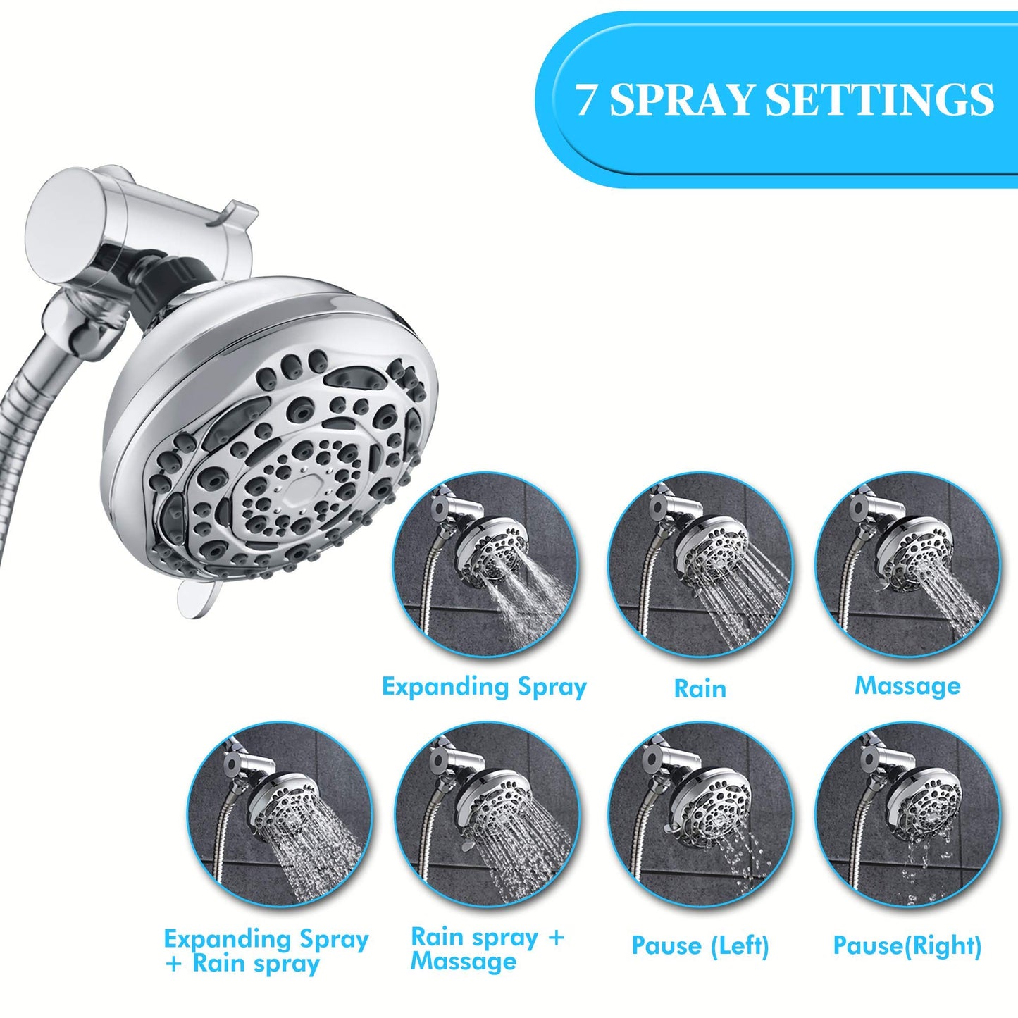 Rain Shower Head - High Pressure Handheld Showerhead & Rain Showerhead Combo with 7 Spray Setting, 2 in 1 Shower Head System Stainless Steel Extra Long Shower Hose, Chrome 1.8 GPM