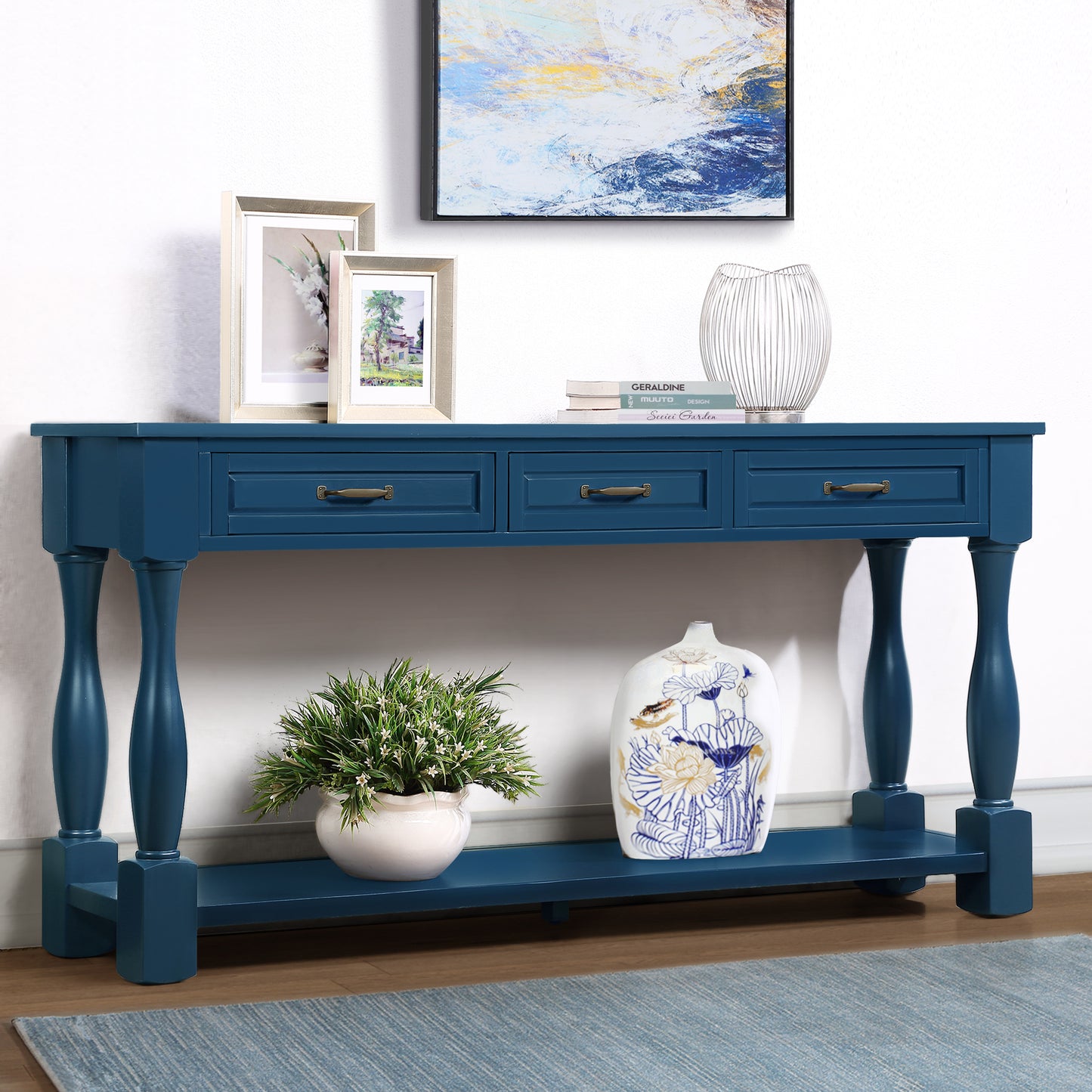 63inch Long Wood Console Table with 3 Drawers and 1 Bottom Shelf for Entryway Hallway Easy Assembly Extra-thick Sofa Table( Navy Blue)