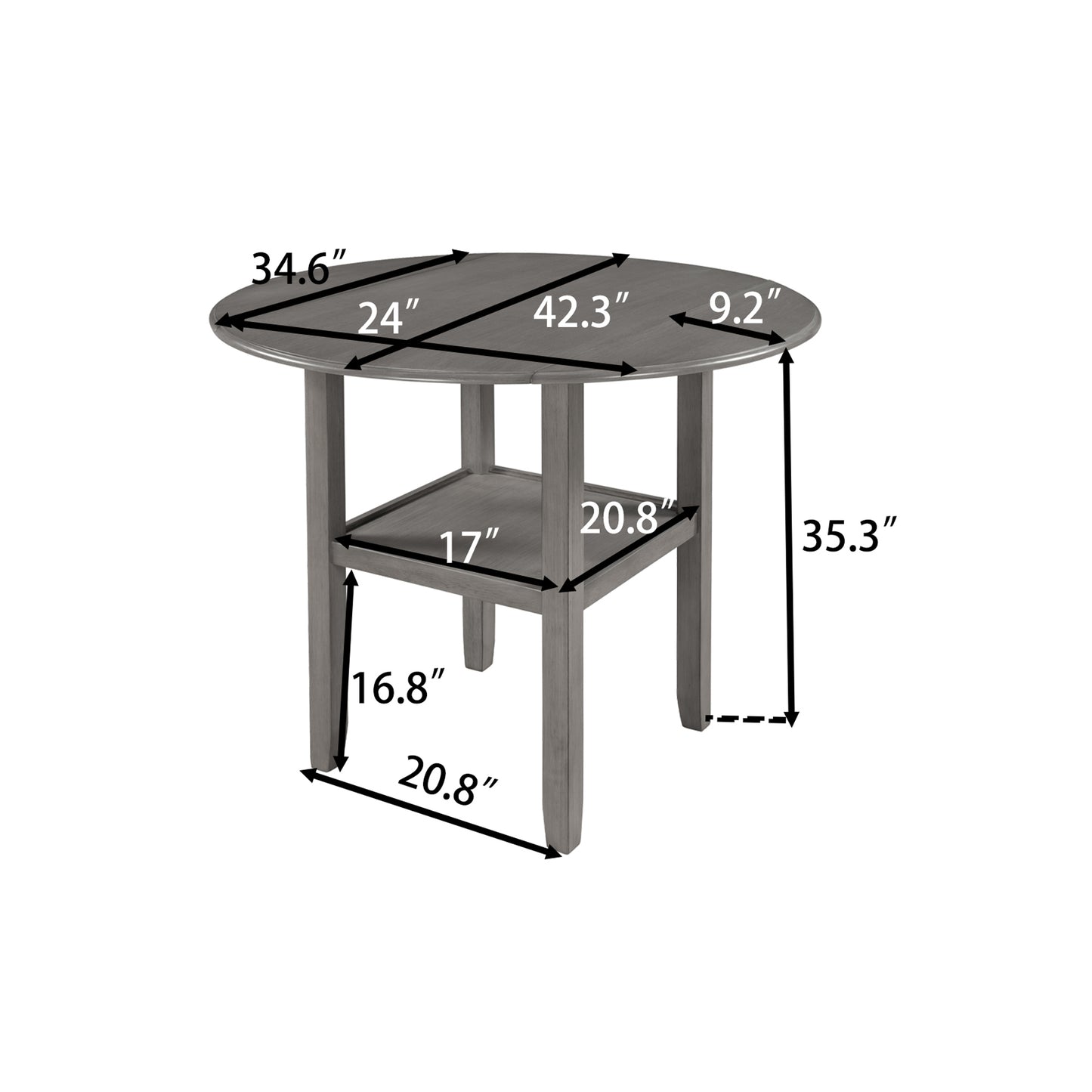 TOPMAX Farmhouse Round Counter Height Kitchen Dining Table with Drop Leaf  and One Shelf for Small Places, Gray