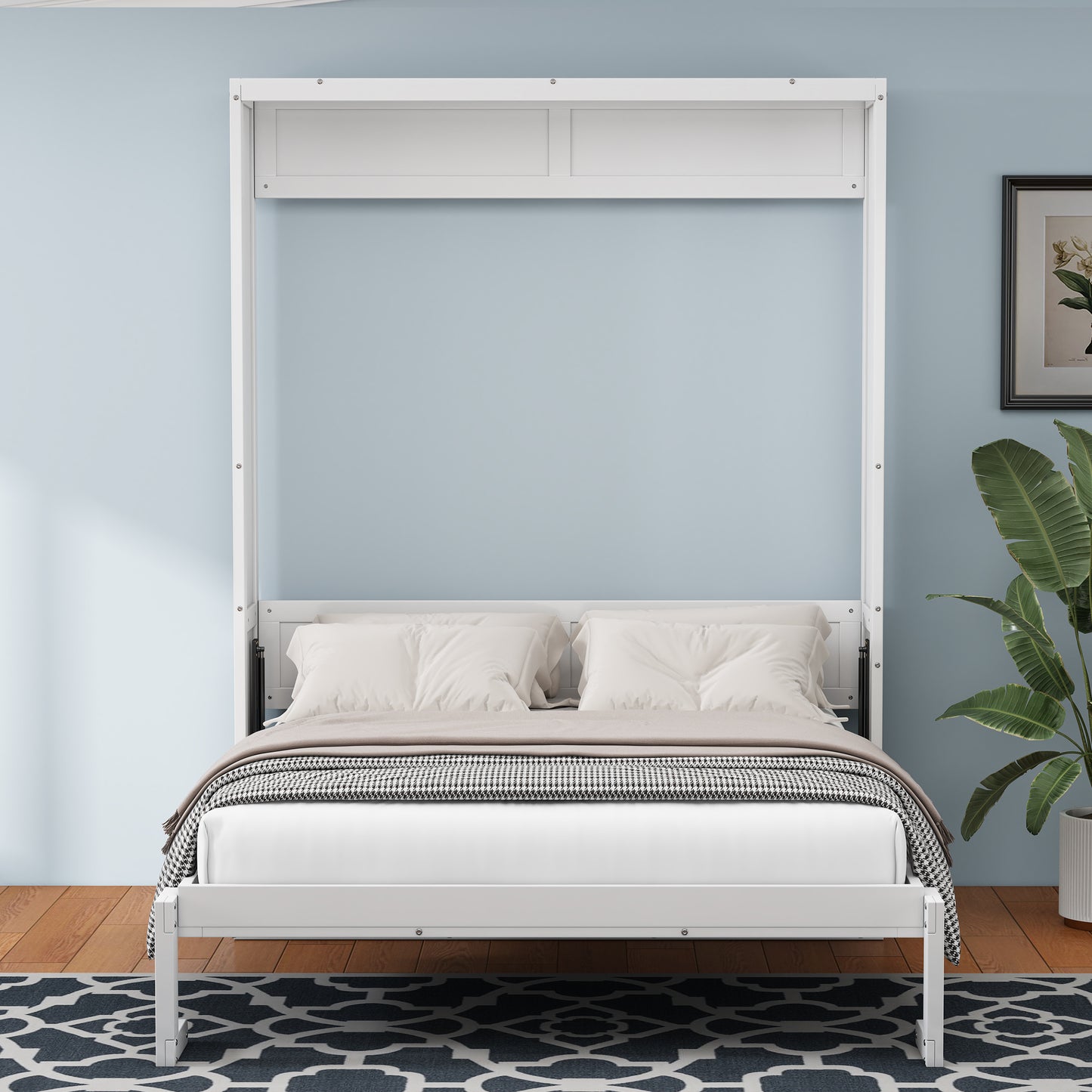 Queen Size Murphy Bed with 1 Side Cabinet Storage Shelf, 68-inch Cabinet Bed Folding Wall Bed with Desk Combo Perfect for Guest Room, Study, Office, Antique Grey White