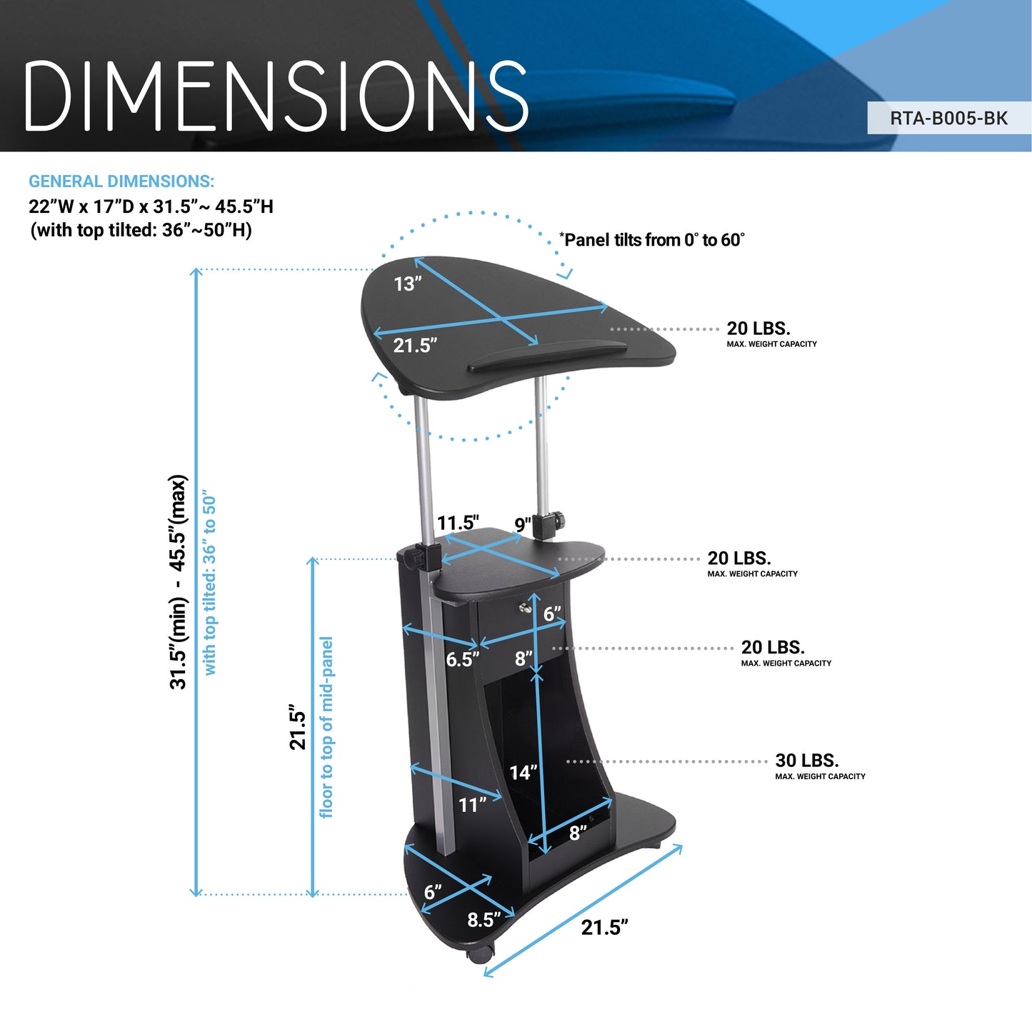 Techni Mobili Sit-to-Stand Rolling Adjustable Laptop Cart With Storage, Black