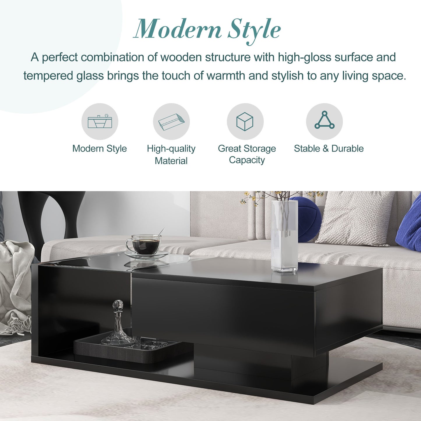 ON-TREND Modern Coffee Table with Tempered Glass, Wooden Cocktail Table with High-gloss UV Surface, Modernist 2-Tier Rectangle Center Table for Living Room, Black