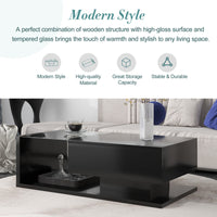 ON-TREND Modern Coffee Table with Tempered Glass, Wooden Cocktail Table with High-gloss UV Surface, Modernist 2-Tier Rectangle Center Table for Living Room, Black