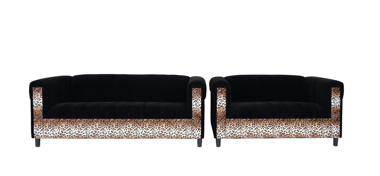 Black Velvet Loveseat and Sofa Set for Living Room with Leopard Print, Modern Décor Couch Sets for Living Room, Bedrooms with Solid Wood Frame