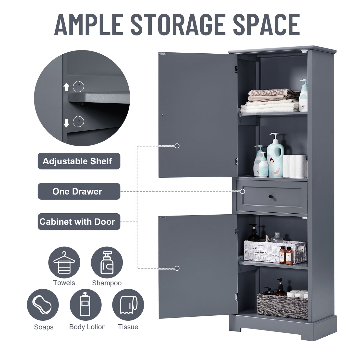 Bathroom Storage Cabinet, Tall Storage Cabinet with Two Doors and Drawer, Adjustable Shelf, Grey