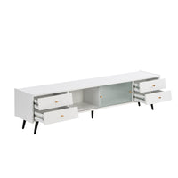 ON-TREND Contemporary TV Stand with Sliding Fluted Glass Doors, Slanted Drawers Media Console for TVs Up to 70", Chic Elegant TV Cabinet with Golden Metal Handles , White