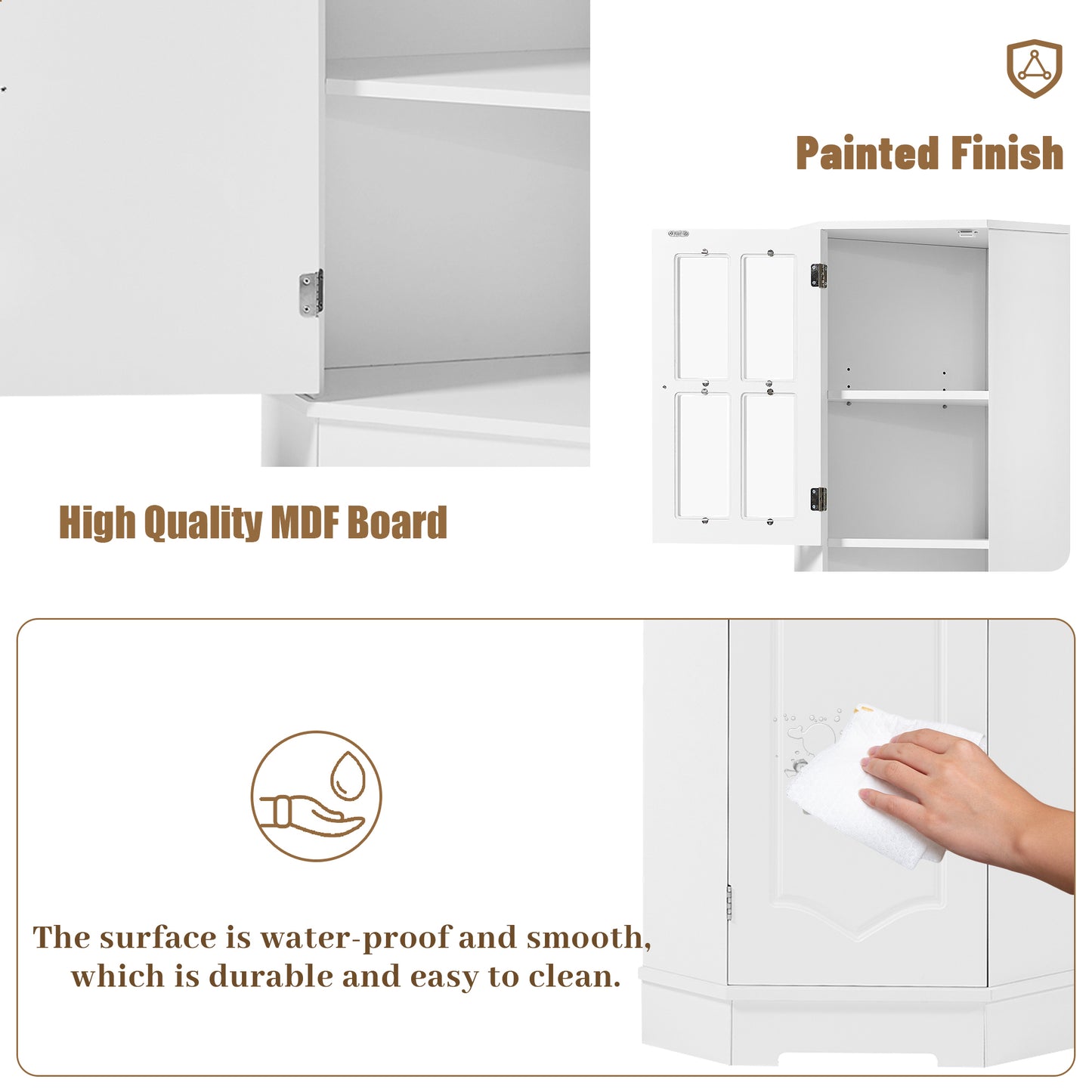 Tall Bathroom Storage Cabinet, Corner Cabinet with Glass Door, Open Storage, Adjustable Shelf, White