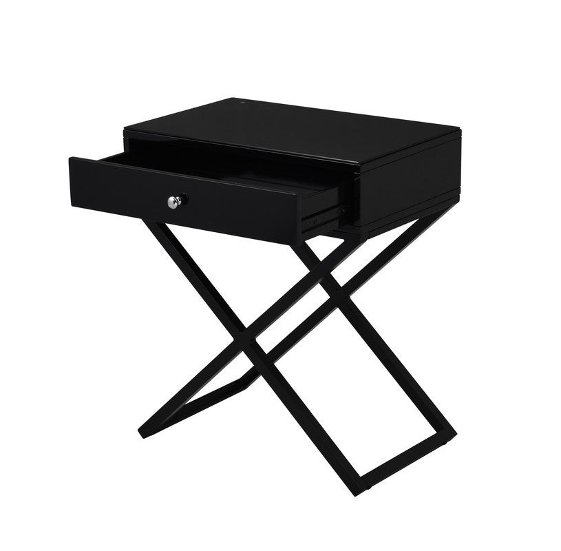 Koda Black Wooden End Side Table Nightstand with Glass Top, Drawer and Metal Cross Base