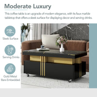 ON-TREND Contemporary Coffee Table with Faux Marble Top, Rectangle Cocktail Table with Caster Wheels, Moderate Luxury Center Table with Gold Metal Bars for Living Room, Black