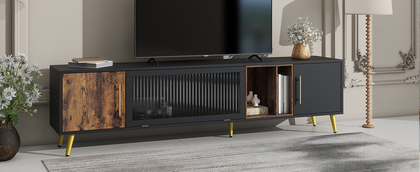 ON-TREND Stylish TV Stand with Golden Metal Handles&Legs, Two-tone Media Console for TVs Up to 80", Fluted Glass Door TV Cabinet with Removable Compartment for Living Room, Black