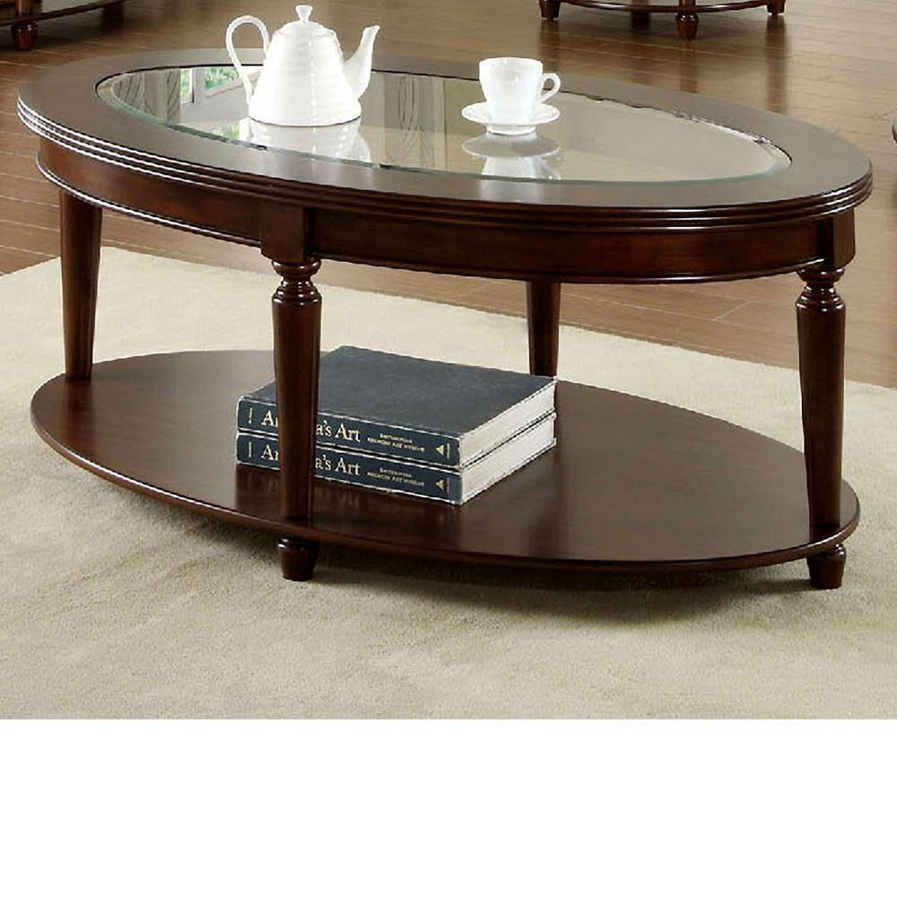 Transitional 1pc Coffee Table Dark Cherry Open Bottom Shelf Beveled Glass Top Turned Legs Living Room Furniture