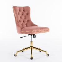 A&A Furniture Office Chair,Velvet Upholstered Tufted Button Home Office Chair with Golden Metal Base,Adjustable Desk Chair Swivel Office Chair (Pink)