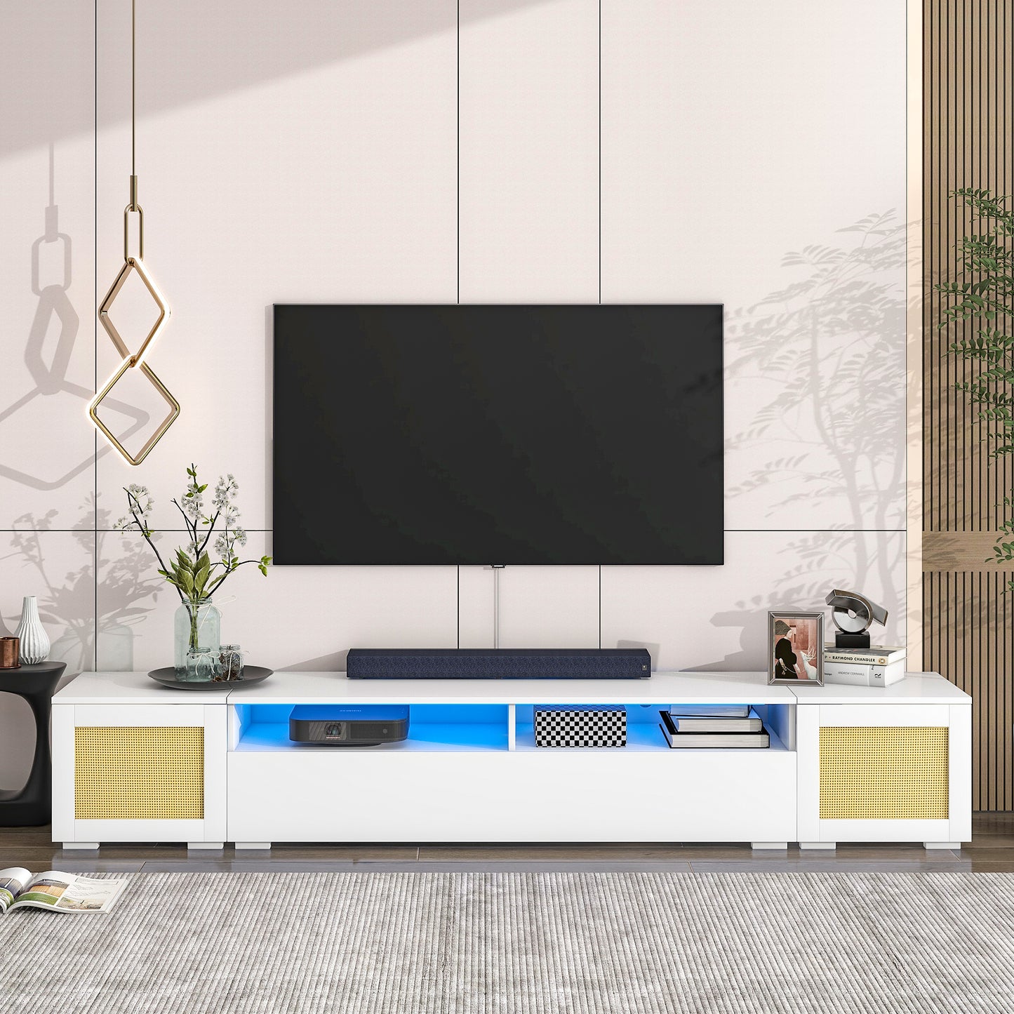 ON-TREND Rattan Style Entertainment Center with Push to Open Doors, 3-pics Extended TV Console Table for TVs Up to 90'', Modern TV Stand with Color Changing LED Lights for  Home Theatre, White