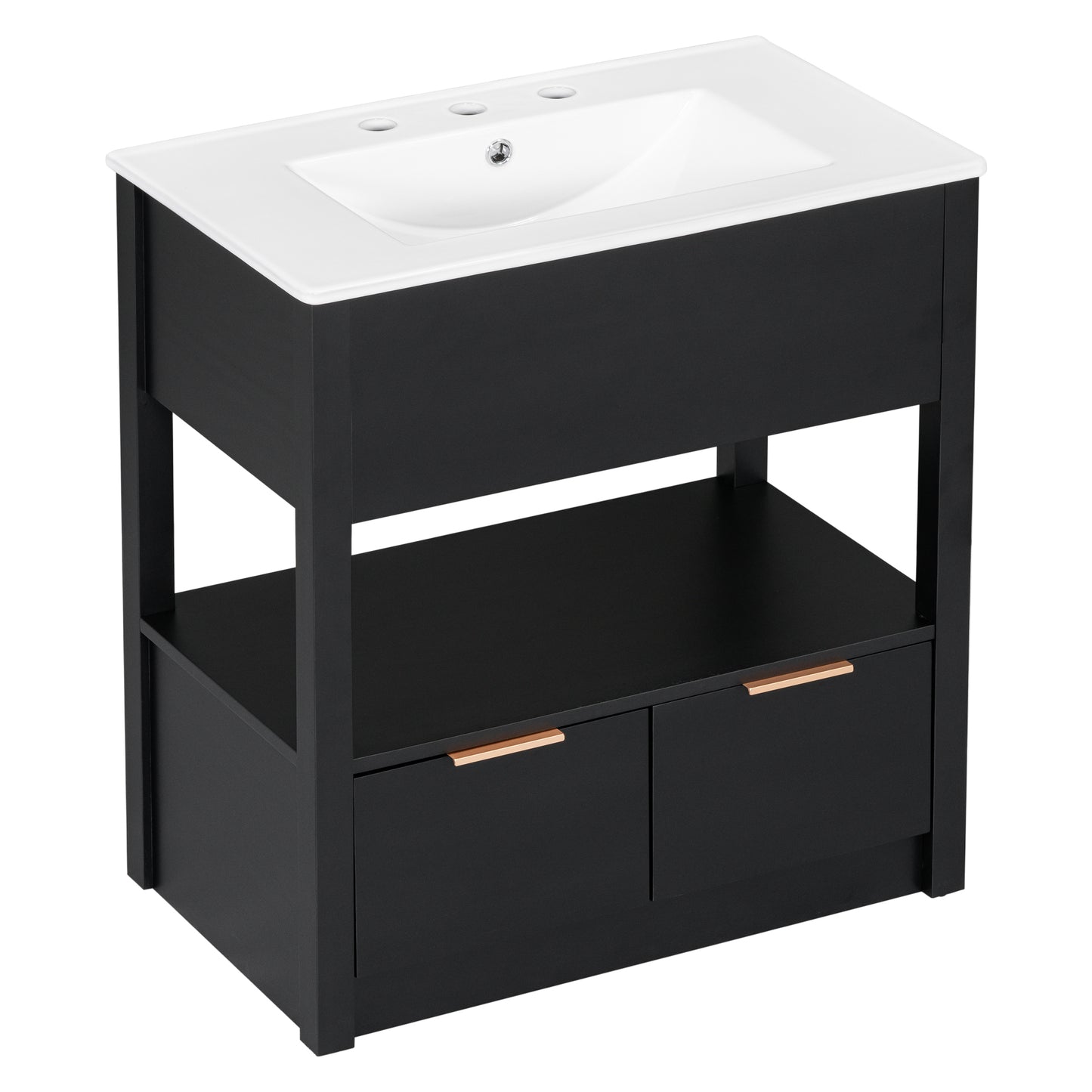 30" Bathroom Vanity with Sink Top, Bathroom Cabinet with Open Storage Shelf and Two Drawers, One Package, Black