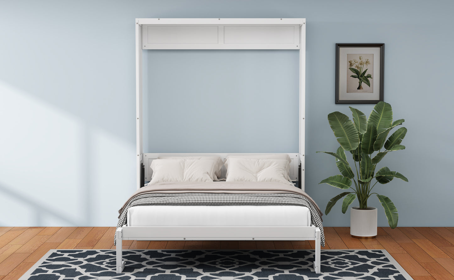 Full Size Murphy Bed with 1 Side Cabinet Storage Shelf, 61.5-inch Cabinet Bed Folding Wall Bed with Desk Combo Perfect for Guest Room,Study, Office, Antique Grey White