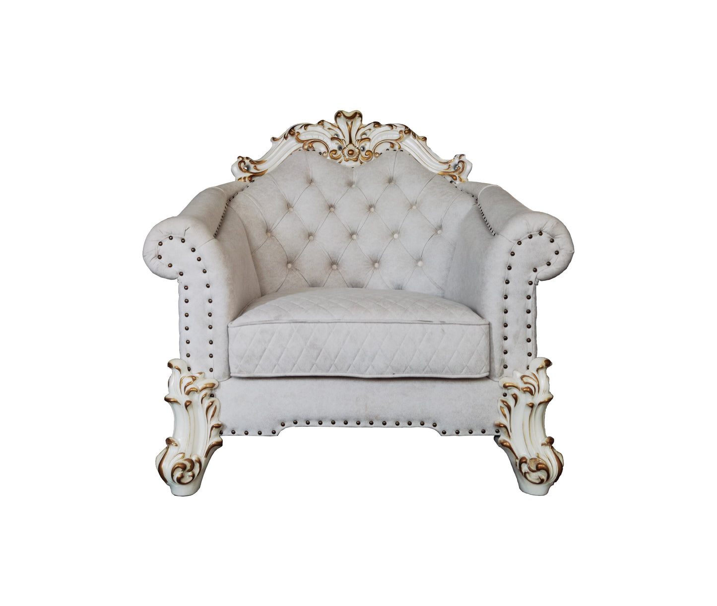 ACME Vendom II Chair w/2 Pillows, Two Tone Ivory Fabric & Antique Pearl Finsih LV01331