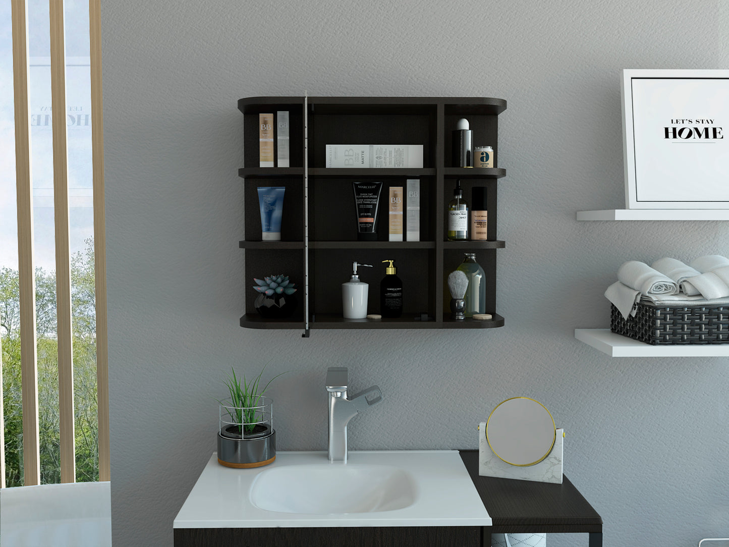 Milan Medicine Cabinet, Six External Shelves Mirror, Three Internal Shelves -Black