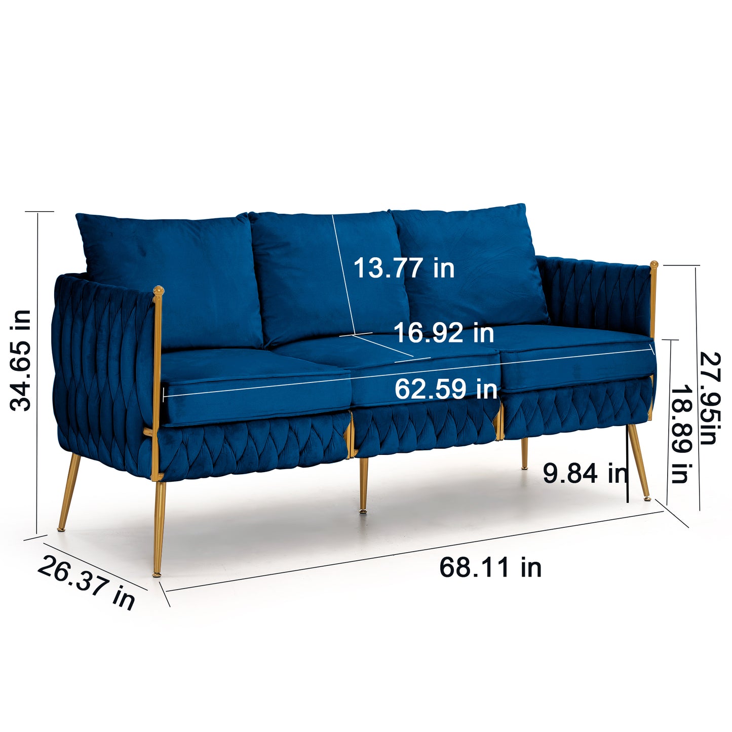 2 Pieces Velvet Sofa Couch Set, Comfy Lovesea and 3 Seater Sofa,Upholstered 2 Seater Sofa with 3 Seater Couch, Handmade Woven Back Modern Couch Set for Living Room, Blue Velvet