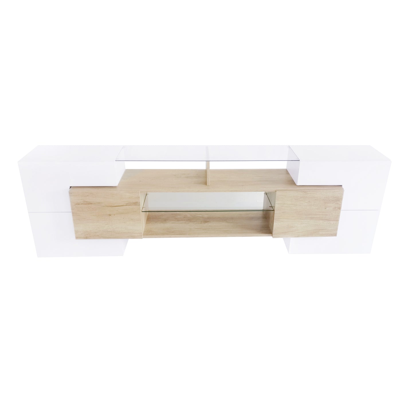 ON-TREND Unique Shape TV Stand with 2 Illuminated Glass Shelves, High Gloss Entertainment Center for TVs Up to 80", Versatile TV Cabinet with LED Color Changing Lights for Living Room, Wood