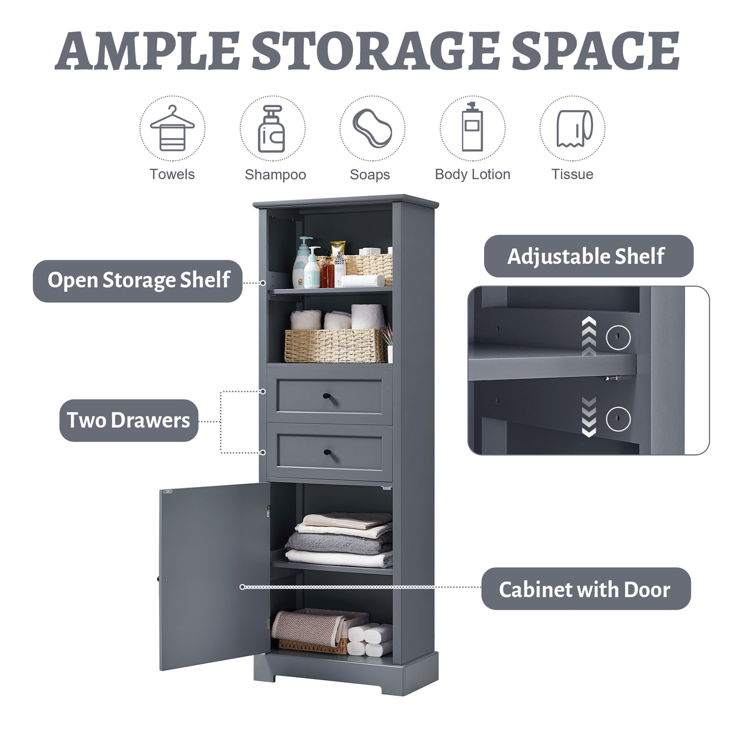 Bathroom Storage Cabinet, Tall Storage Cabinet with Two Drawers, Open Storage, Adjustable Shelf, Grey