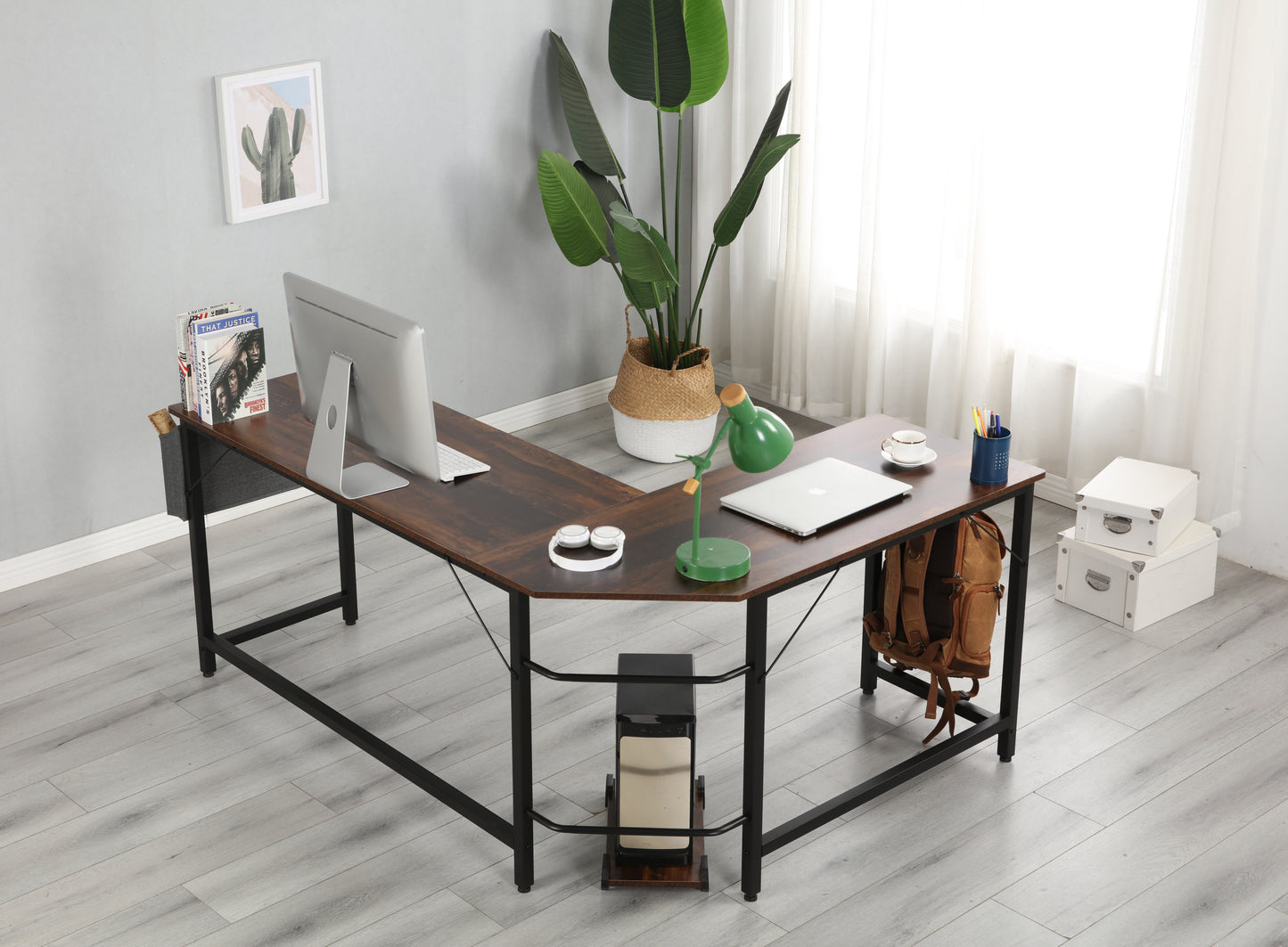 Modern Design L-Shaped Desk Corner Computer Desk PC laptop Computer Table Study Desk Home Office Wood & Metal Pella oak（包含机箱托，书包挂钩，布抽收纳袋）