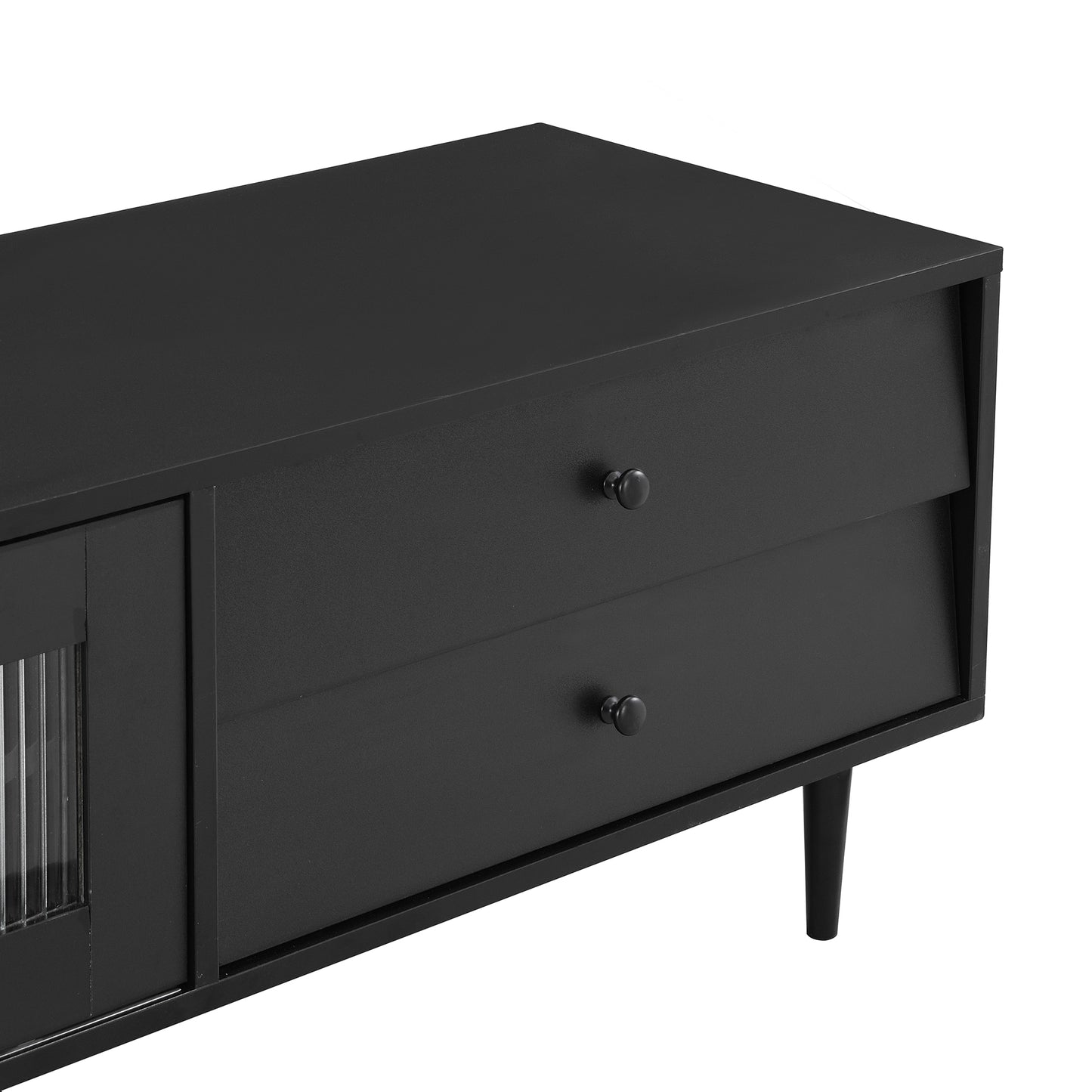 ON-TREND Chic Elegant Design TV Stand with Sliding Fluted Glass Doors, Slanted Drawers Media Console for TVs Up to 75", Modern TV Cabinet with Ample Storage Space, Black