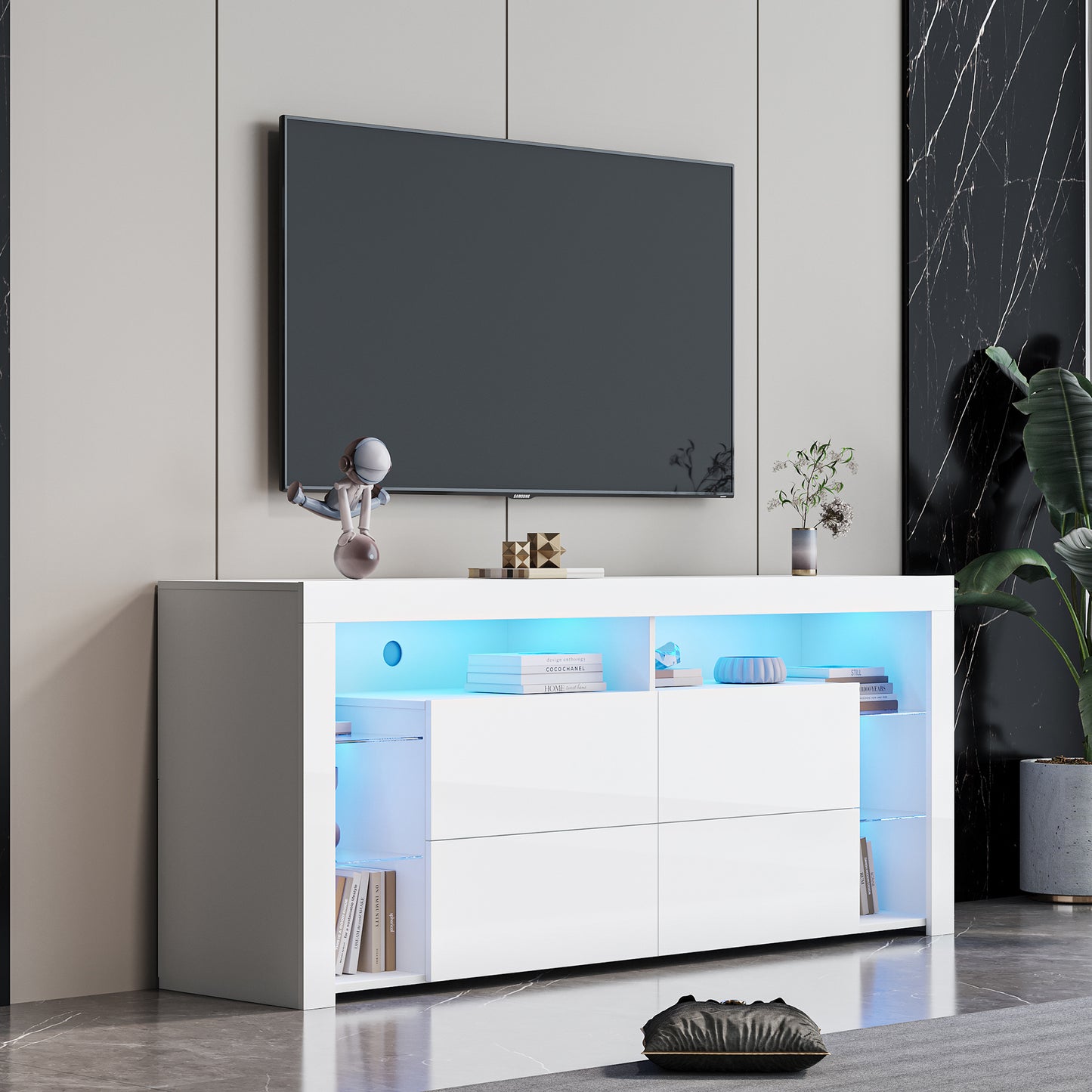 White Modern contracted LED TV Cabinet with Storage Drawers，4 Storage Cabinet with Open Shelves for Living Room Bedroom