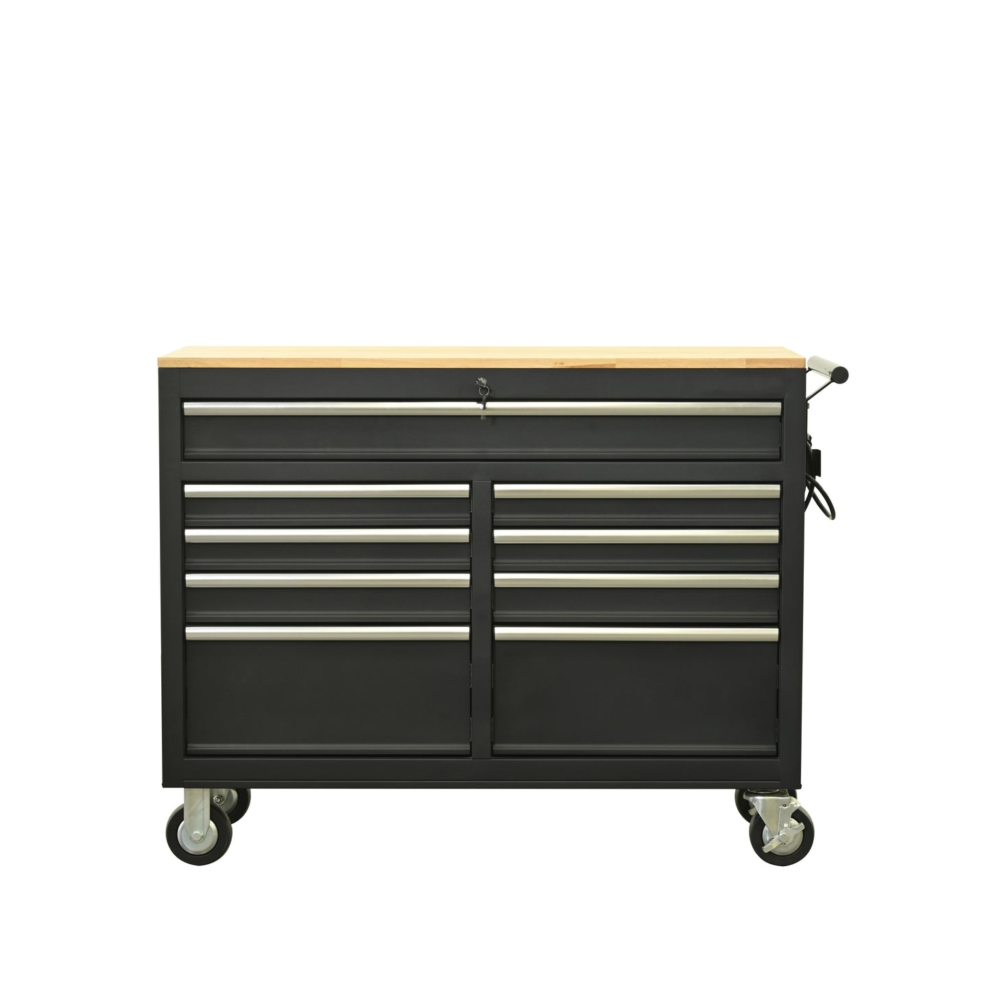 Premium 46-Inch Rolling Tool Chest with Wooden Top and 9 Drawers - 1500 lbs Load Capacity, Casters, Handle, Power Strip, Locking System - Perfect Mobile Storage Cabinet for Your Tools and Equipment.