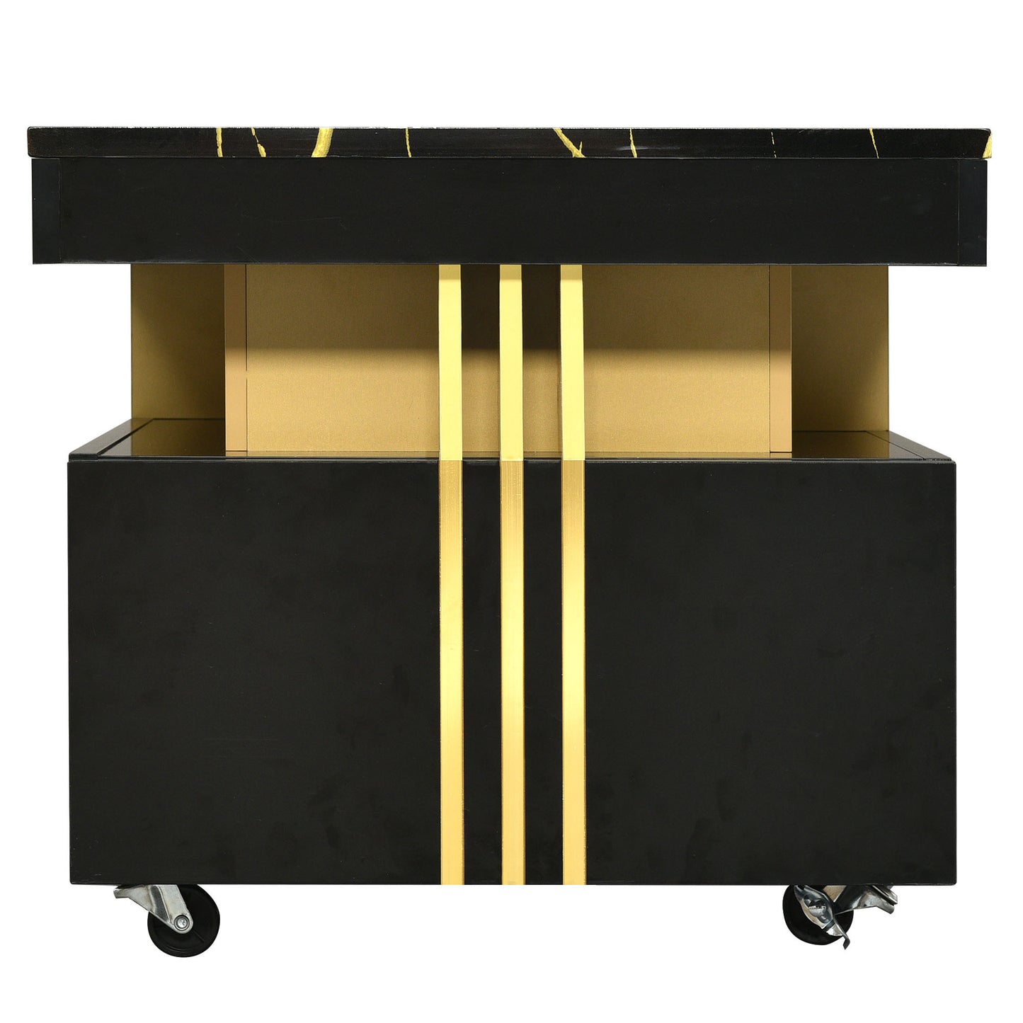 ON-TREND Contemporary Coffee Table with Faux Marble Top, Rectangle Cocktail Table with Caster Wheels, Moderate Luxury Center Table with Gold Metal Bars for Living Room, Black