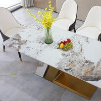 71" Contemporary Dining Table Sintered Stone Z shape Pedestal Base in Gold finish with 6 pcs Chairs .