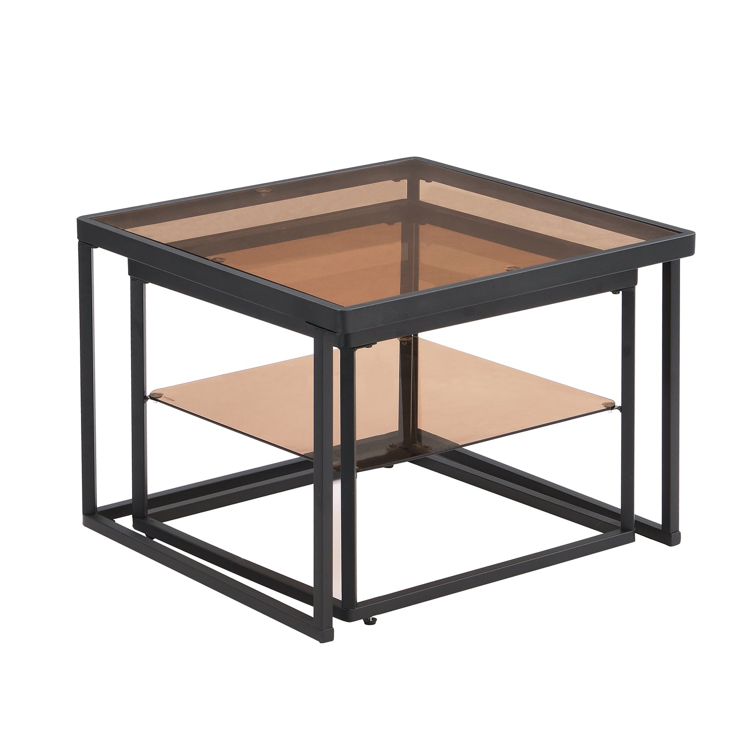 ON-TREND Modern Nested Coffee Table Set with High-low Combination Design, Brown Tempered Glass Cocktail Table with Metal Frame, Length Adjustable 2-Tier Center&End Table for Living Room, Black