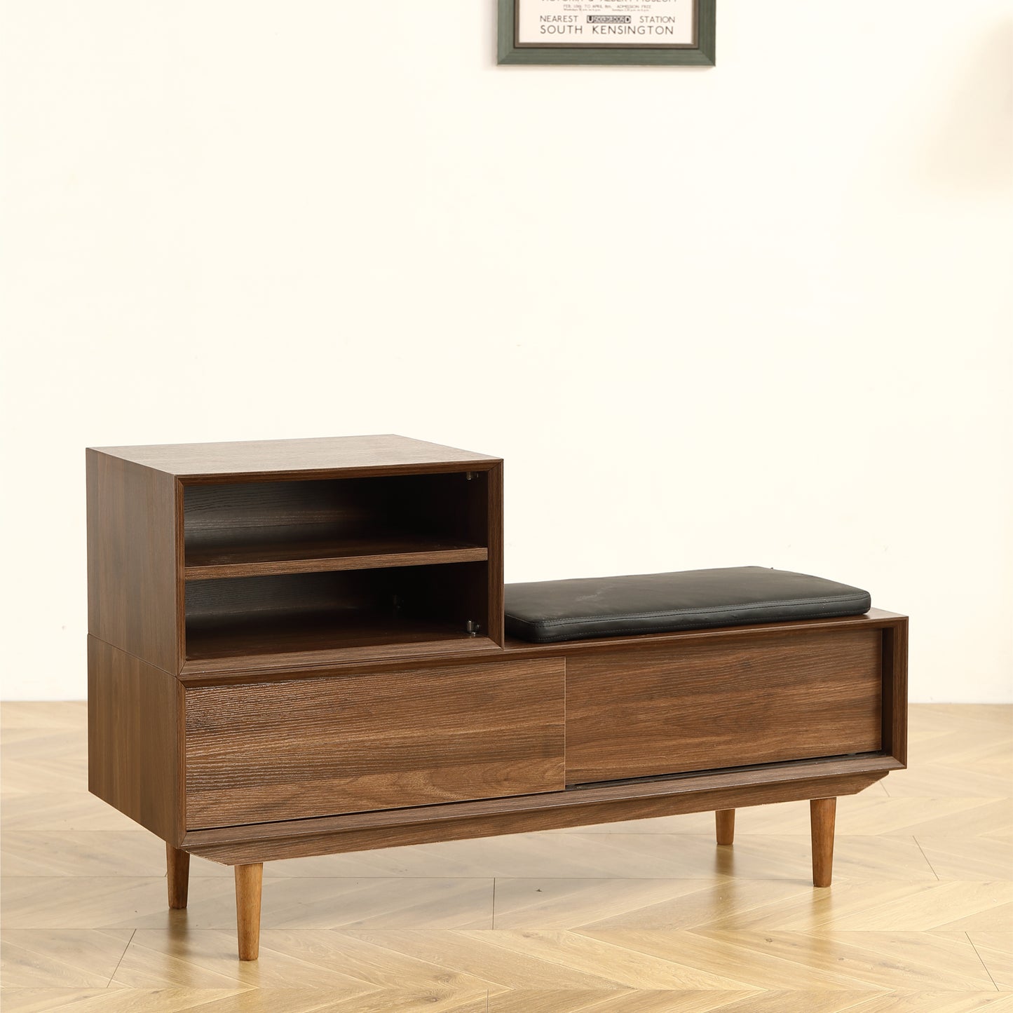 Modern Shoe Changing Cabinet with Cushion - 47.24 Inch, Black Walnut Finish, Solid Wood Legs - Spacious and Fashionable Shoe Cabinet