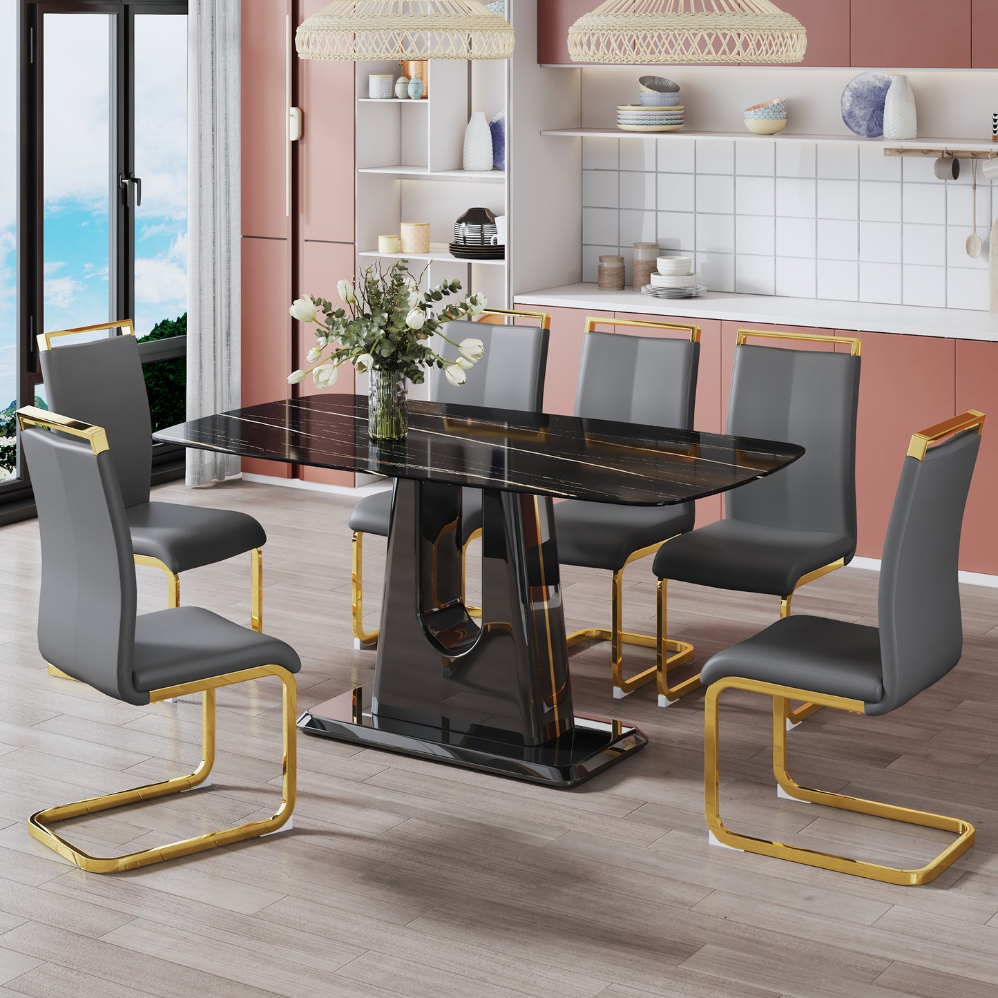 A modern, minimalist, and luxurious table. A black imitation marble tabletop with MDF U-shaped legs. Dining table, computer table. For restaurants and living rooms 63" * 35.4"* 30" F-U