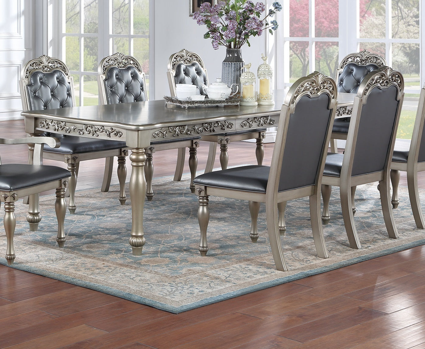 Traditional Silver / Grey Finish 9pc Dining Set Table w 2x Arm Chairs 6x Side Chairs Rubber wood Intricate Design Tufted back Cushion Seat Dining Room Furniture