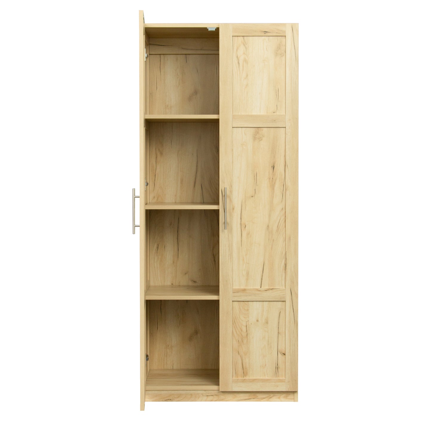 High wardrobe and kitchen cabinet with 2 doors and 3 partitions to separate 4 storage spaces, oak