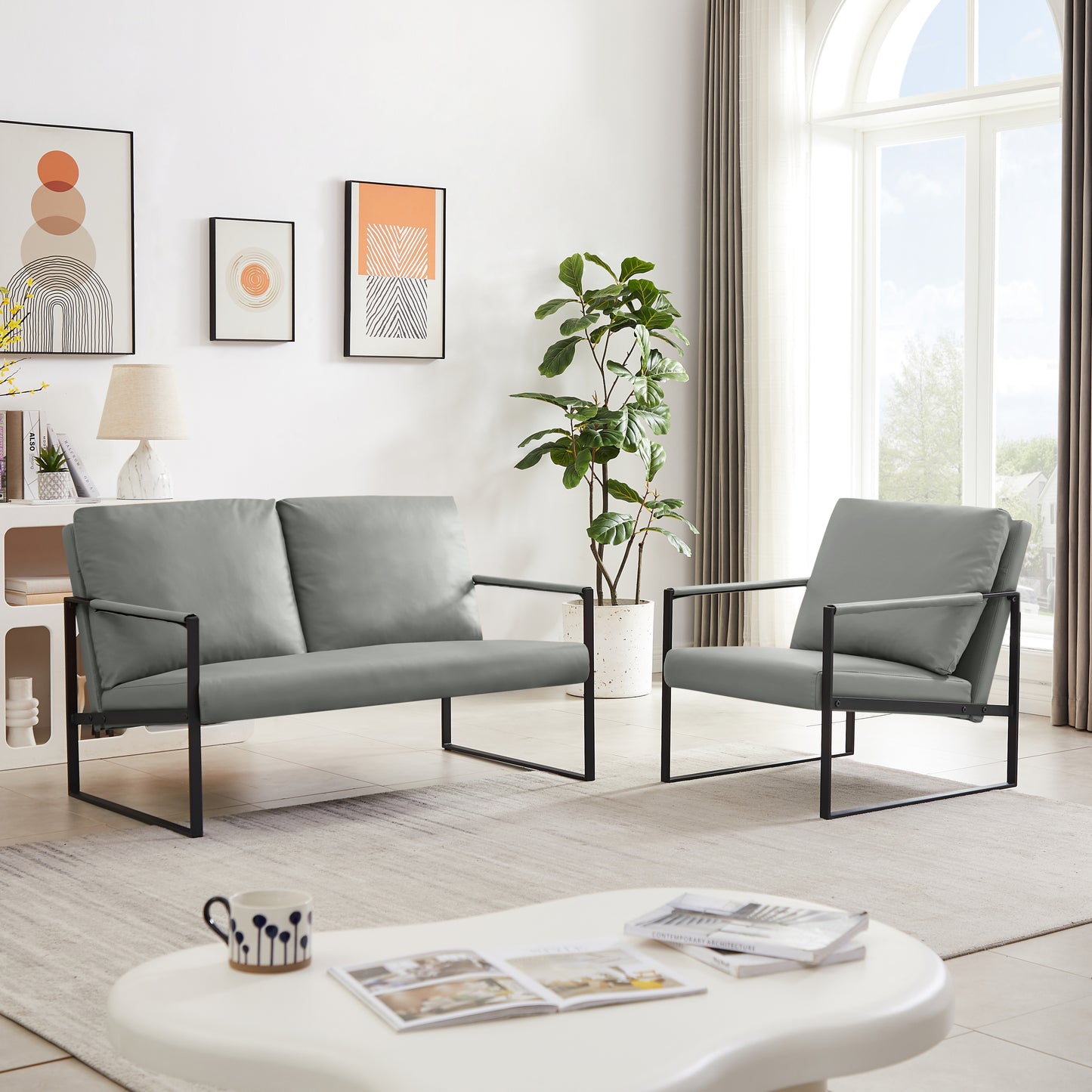 Lounge, living room, office or the reception area PVC leather accent arm chair with Extra thick padded backrest and seat cushion sofa chairs,Non-slip adsorption feet,sturdy metal frame,Gray