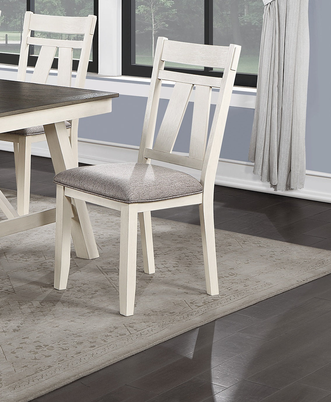 Dining Room Furniture 6pc Dining Set Table w Leaf And 4x Side Chairs 1x Bench Gray Fabric Cushion Seat White Clean Lines Wooden Table Top