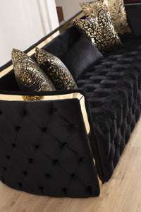 Naomi Button Tufted 2 Pc Sofa Set with Velvet Fabric and Gold Accent in Black