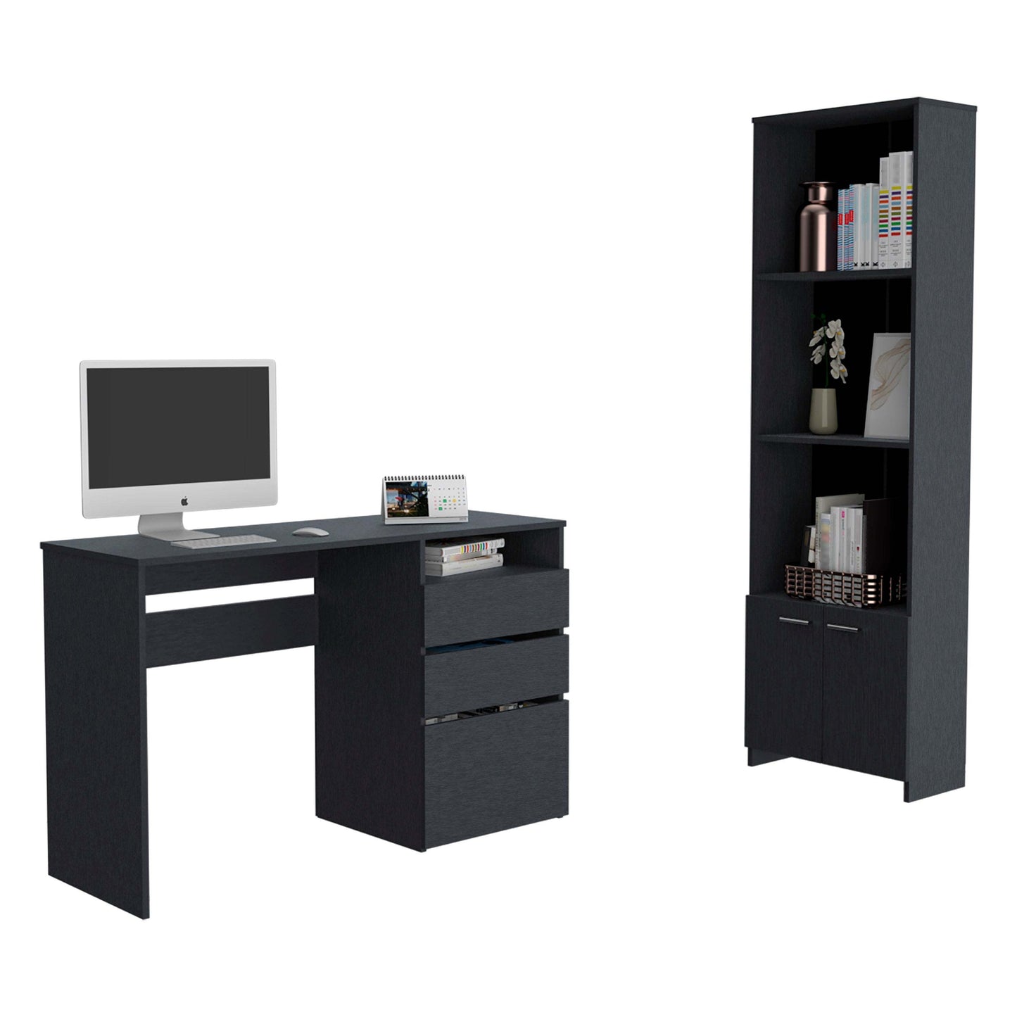 Brook 2 Piece Office Set, Patagonia Bookcase + Kenai 3 Drawers Computer Desk, Black