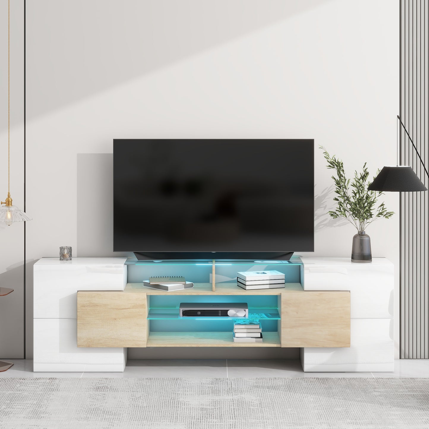 ON-TREND Unique Shape TV Stand with 2 Illuminated Glass Shelves, High Gloss Entertainment Center for TVs Up to 80", Versatile TV Cabinet with LED Color Changing Lights for Living Room, Wood