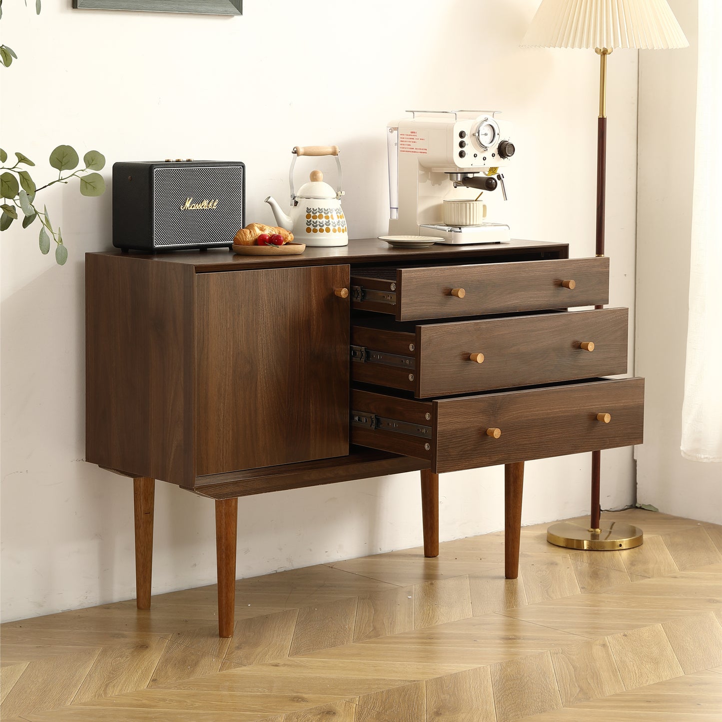 Modern Buffet Cabinet Sideboard with Walnut Finish, Solid Wood Legs - 43.3 Inch Stylish Design, One Door, Three Drawers, Smooth Metal Rails