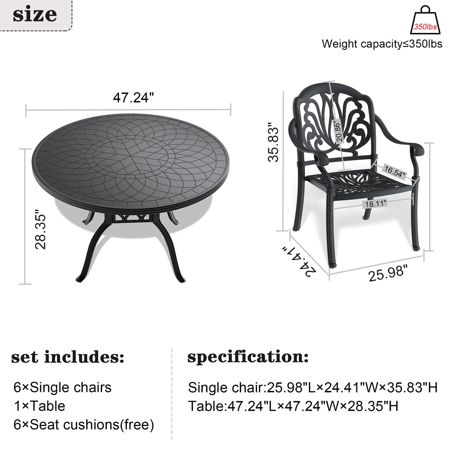 7-Piece Set Of Cast Aluminum Patio Furniture  With Black Frame and  Seat Cushions In Random Colors