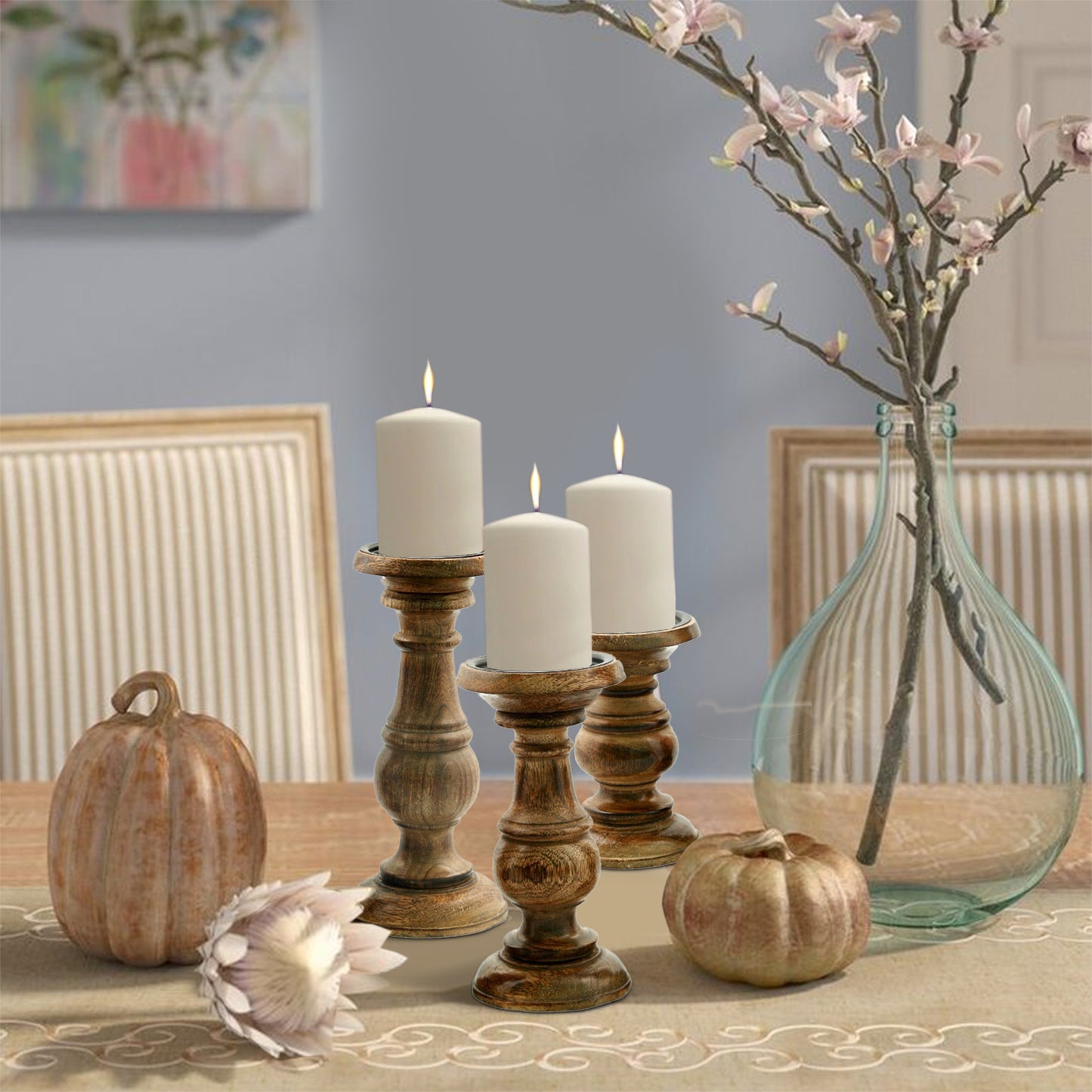 Pillar Shaped Wooden Candle Holder, Set of 3, Brown