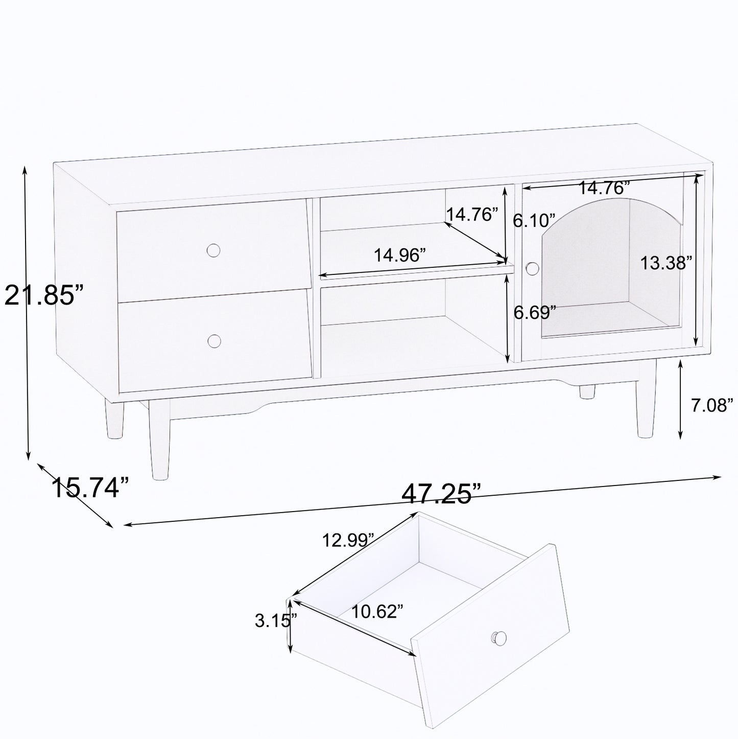 Living Room White TV Stand with Drawers and Open Shelves, A Cabinet with Glass Doors for Storage