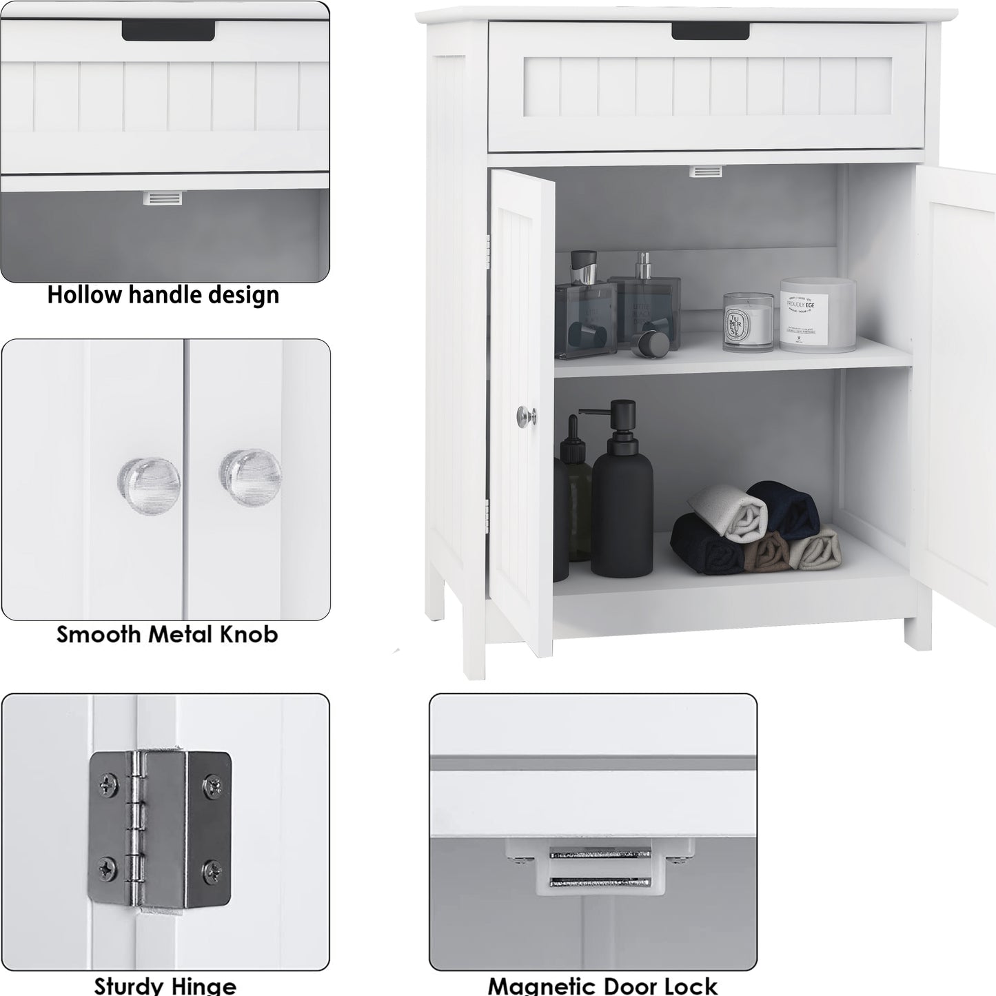 Bathroom Floor Cabinet Freestanding 2 Doors and 1 Drawer Wood Storage Organizer Cabinet for Bathroom and Living Room-White