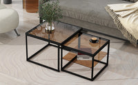 ON-TREND Modern Nested Coffee Table Set with High-low Combination Design, Brown Tempered Glass Cocktail Table with Metal Frame, Length Adjustable 2-Tier Center&End Table for Living Room, Black